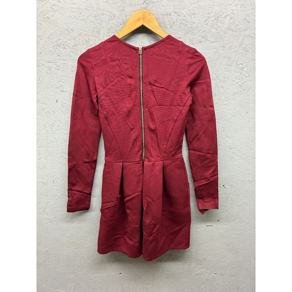 Wilfred Aritzia Pleated Fit Flare Mini Dress Womens 2 Burgundy Red Long Sleeve